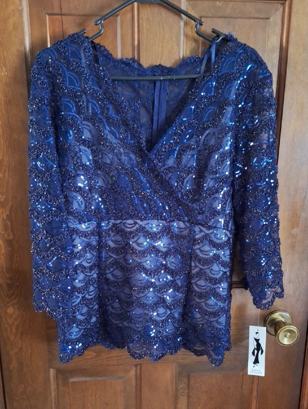 Emma Street Women's Navy Blue Sequin Lace V-Neck Top